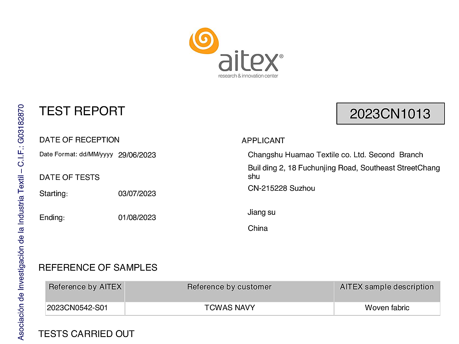 AITEX navy workwear test report preview