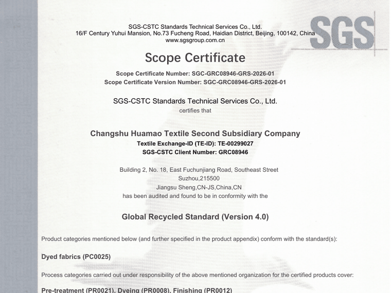Global Recycled Standard scope certificate SGC-GRC08946-GRS-2026-01