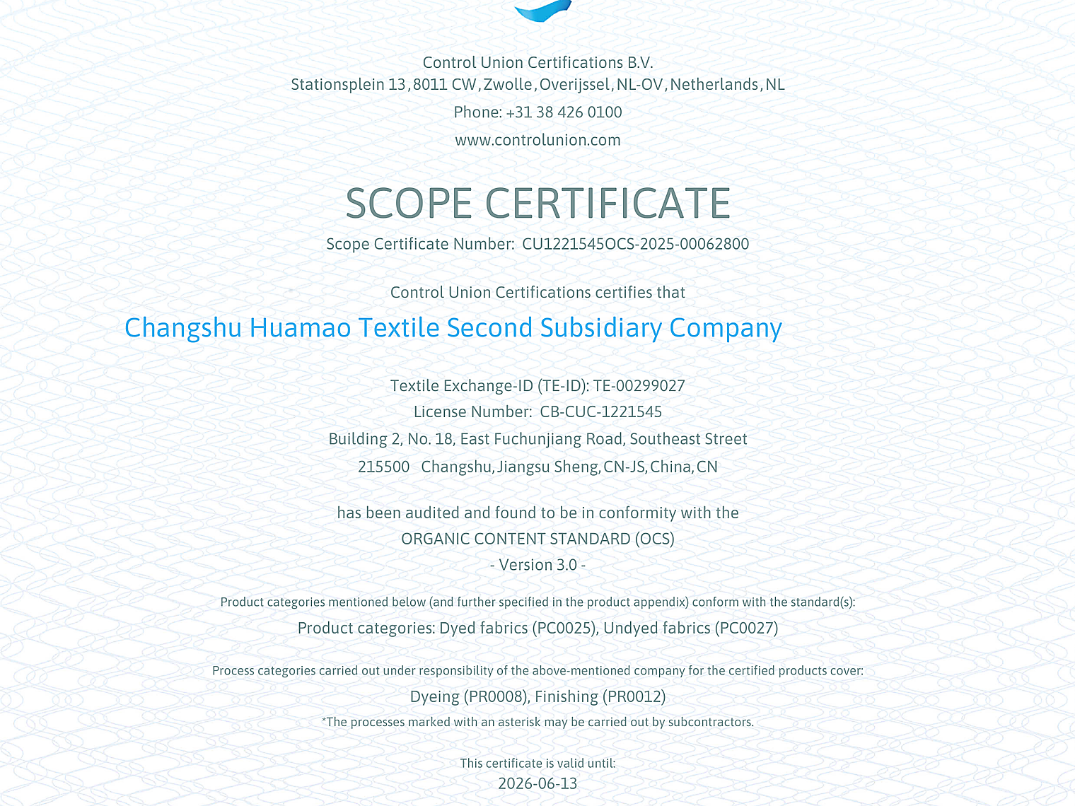 Organic Content Standard scope certificate