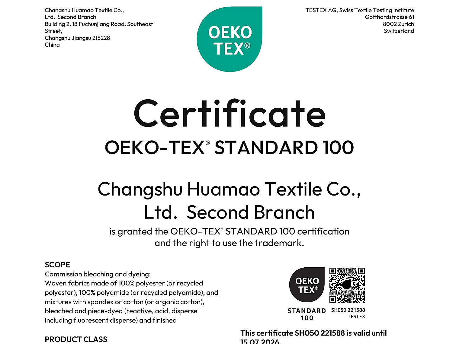 OEKO-TEX STANDARD 100 certificate
