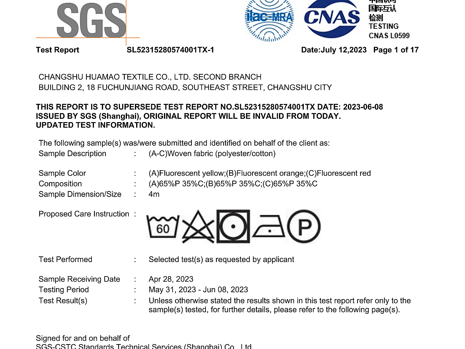 SGS fluorescent color test report preview