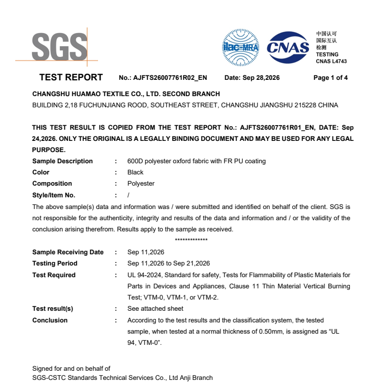 SGS UL 94 VTM-0 test report AJFTS26007761R02_EN, page 1 excerpt
