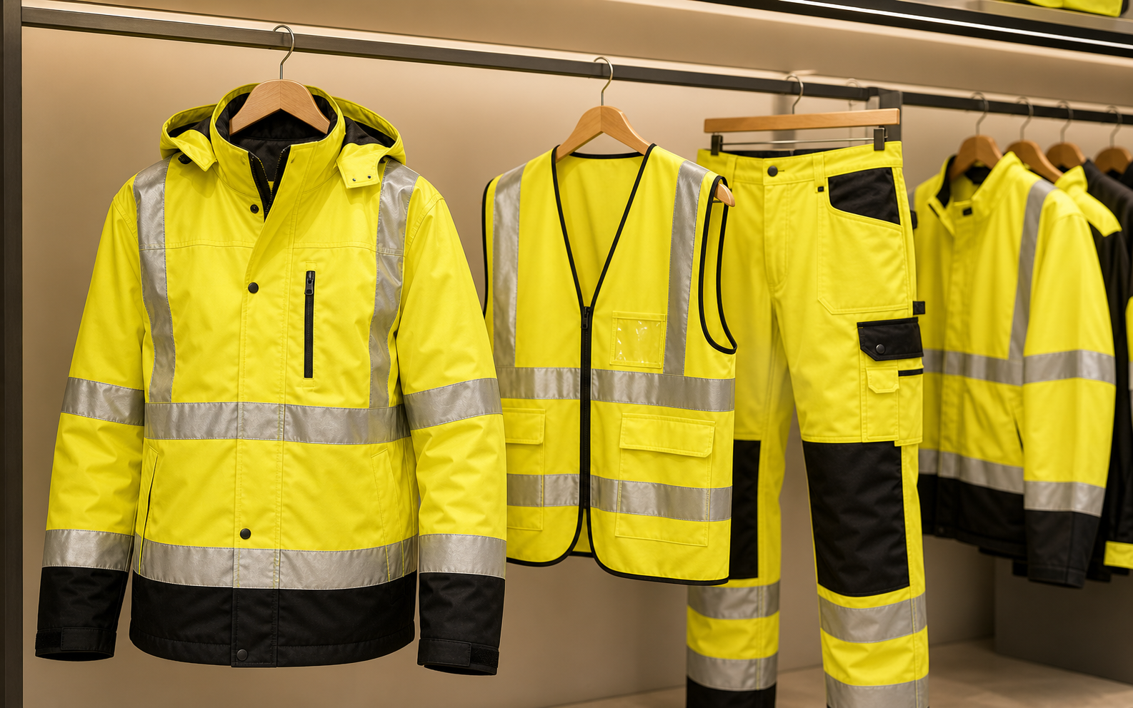 Finished high visibility yellow workwear samples on garment rack