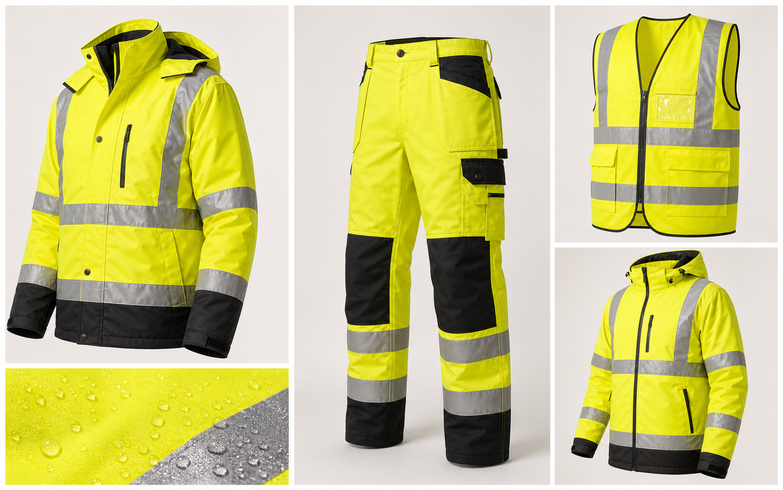 High visibility yellow jacket trousers vest and outdoor workwear styles