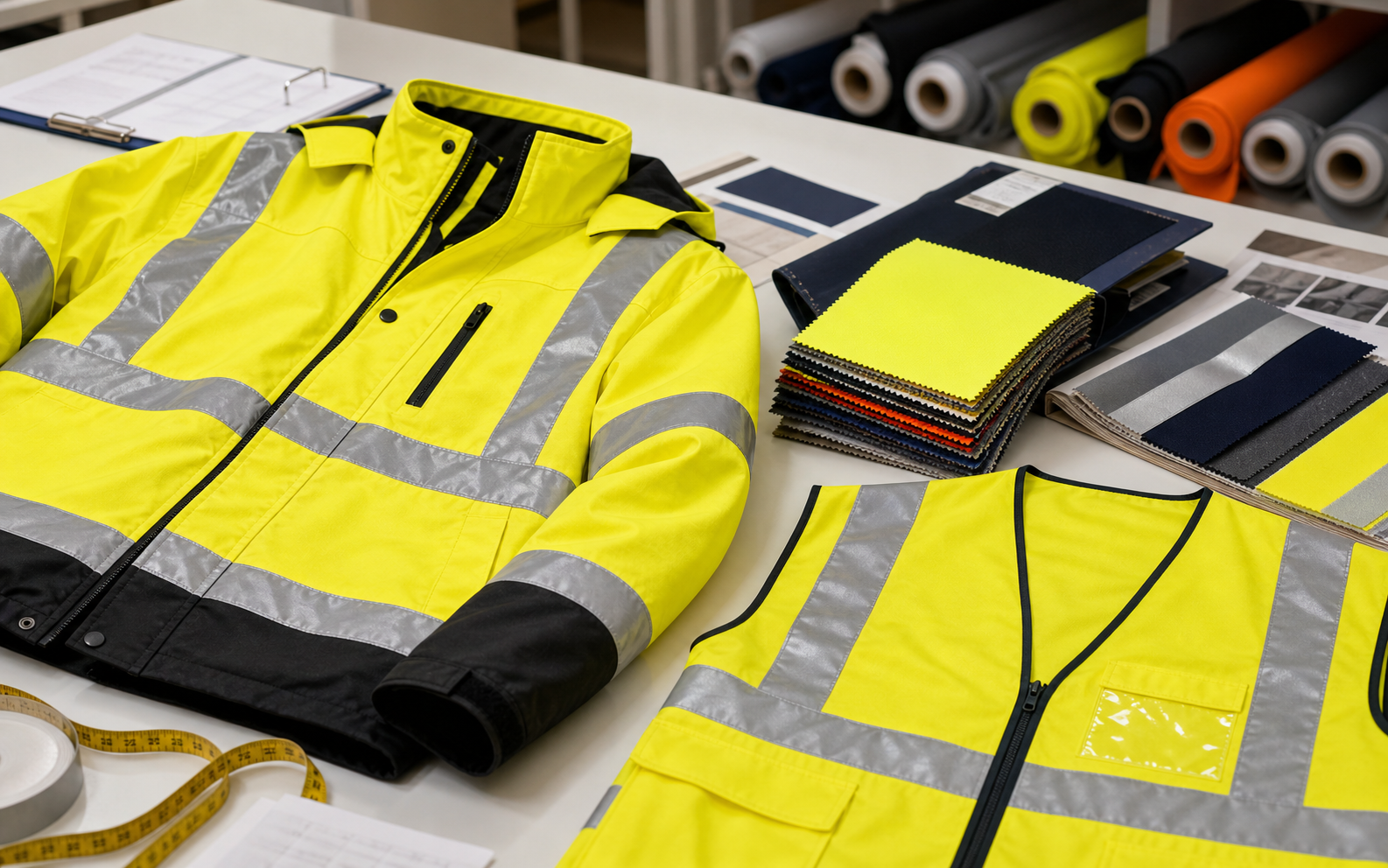 High visibility yellow sample garments and fabric swatches for project review