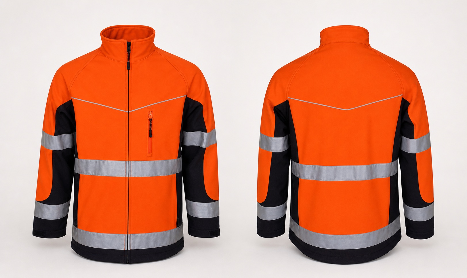 Finished high-visibility orange softshell jacket front and back application reference for HM039
