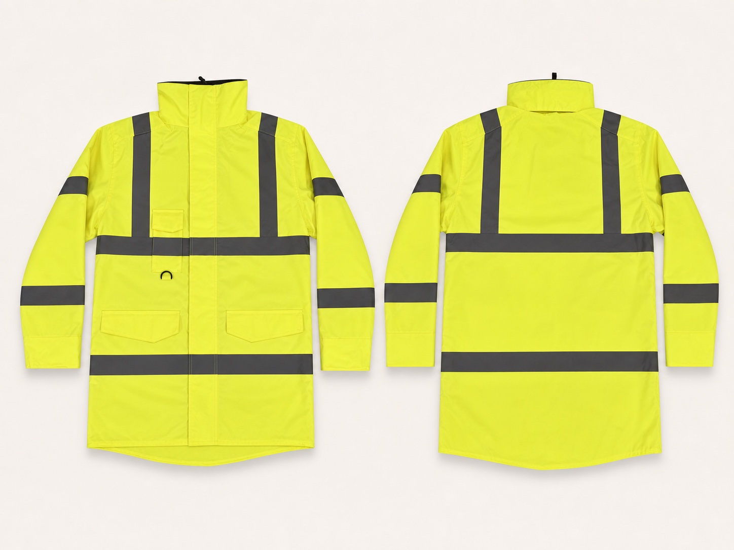 High visibility yellow polyester Oxford long workwear jacket front and back application reference for HM066