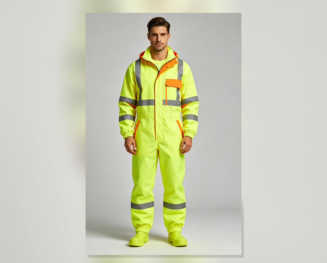 Finished high-visibility coverall application reference for HM095 TC workwear fabric