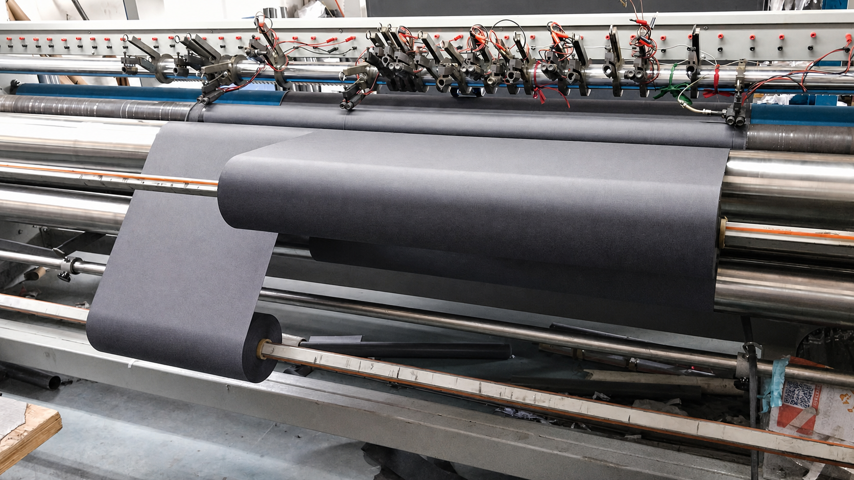Real grey industrial fabric running through production equipment